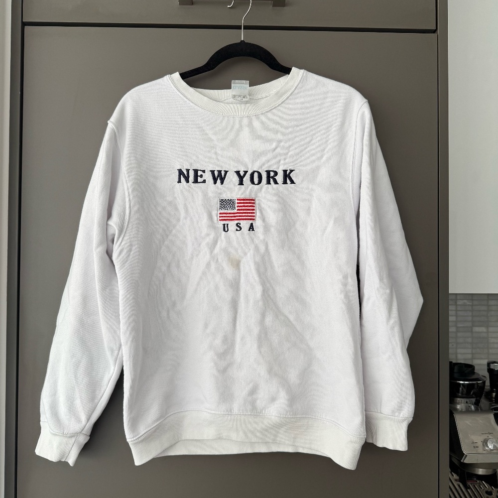Embroidered New York Crewneck Sweatshirt White USA Pullover Size S